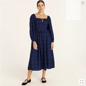NEW! $148 J. CREW XXS 00 Smocked puff-sleeve dress in indigo blue plaid